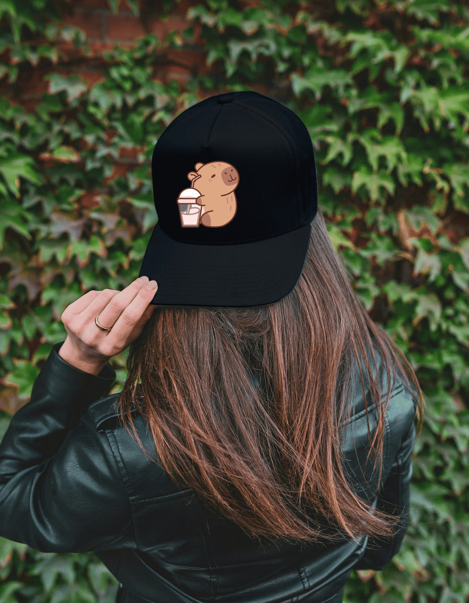 Black Baseball Cap – Capybara with Milkshake | Unisex Accessories