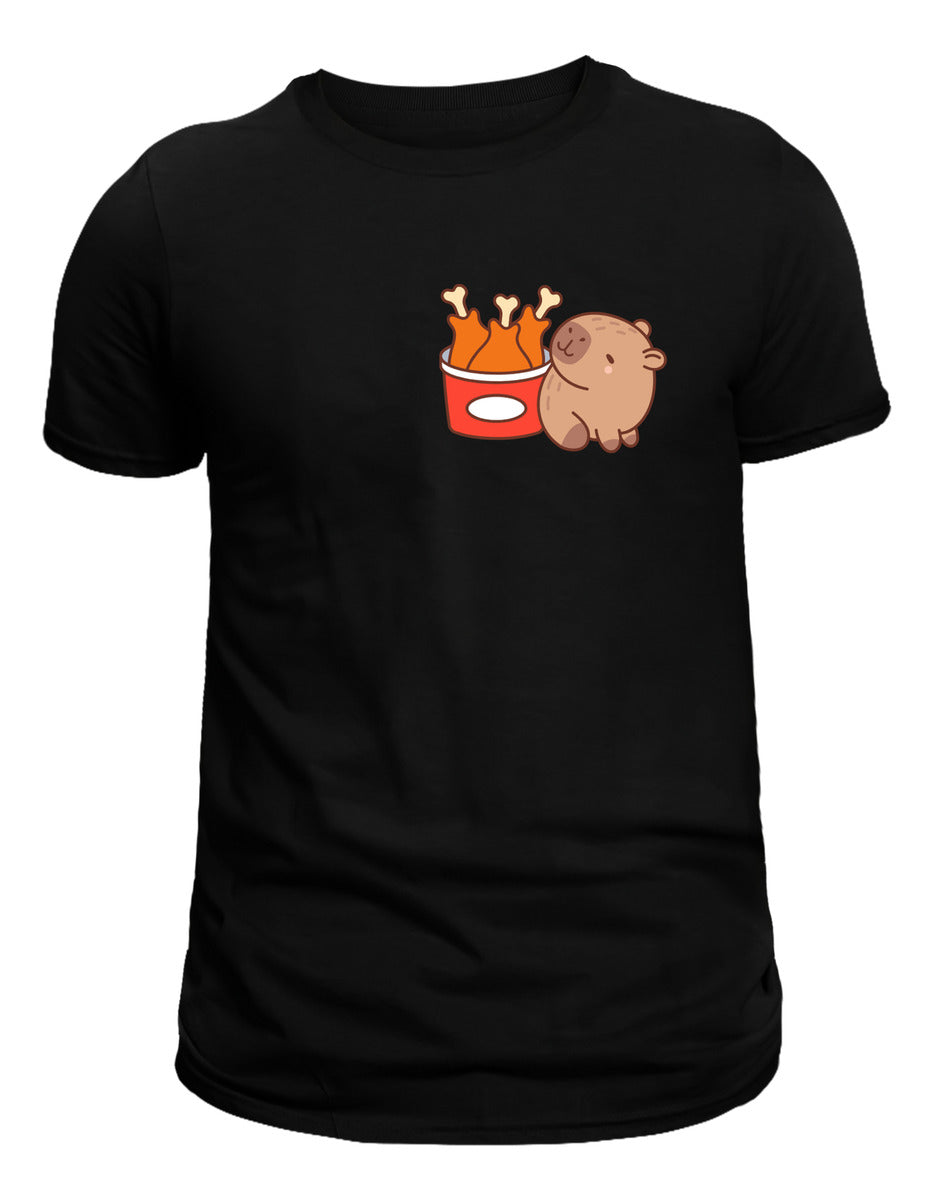 Men's Black T-Shirt – Capybara with Fried Chicken | Urban Minimalism
