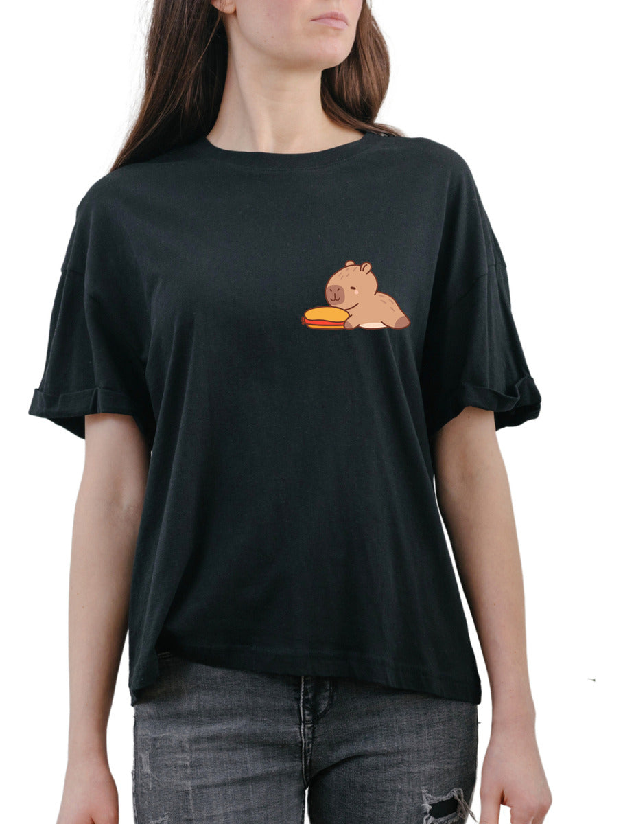 Women's Black T-Shirt – Funny Capybara with Hot Dog | Urban Minimalism