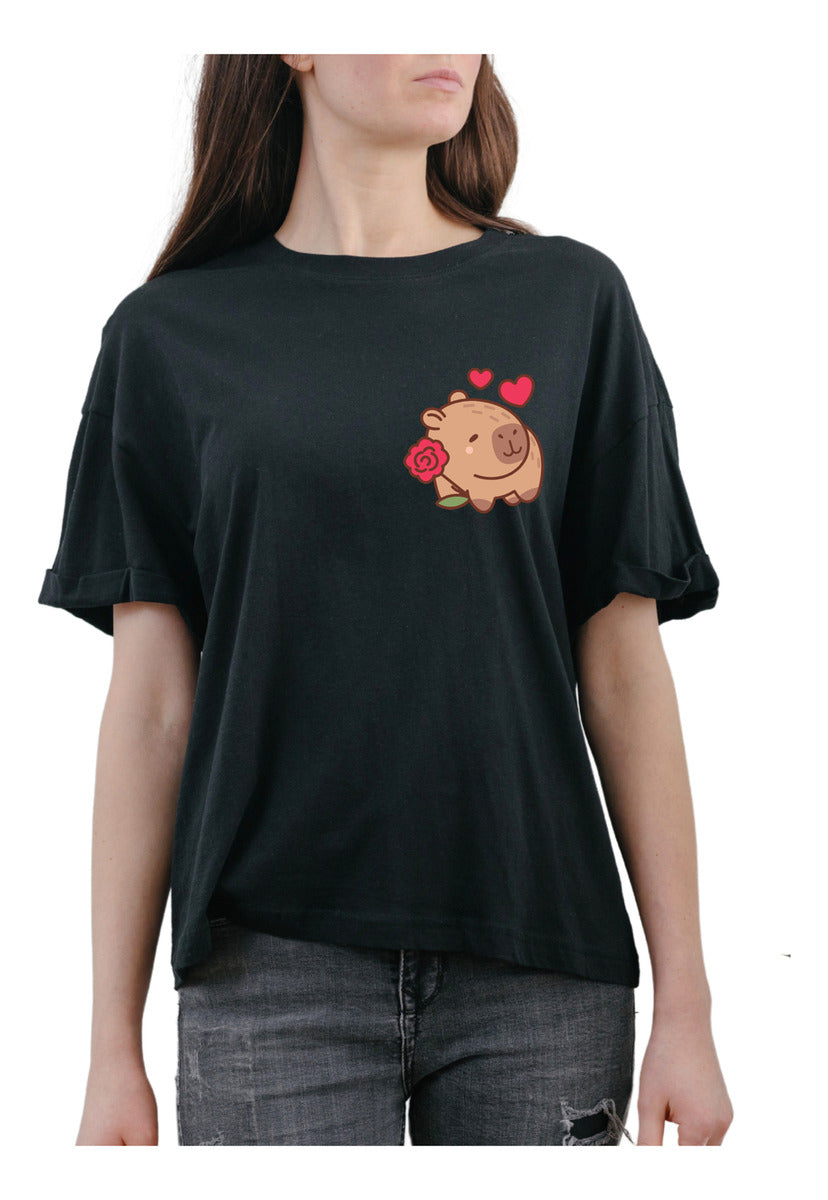 Women's Black T-Shirt – Capybara with Rose and Hearts | Urban Minimalism