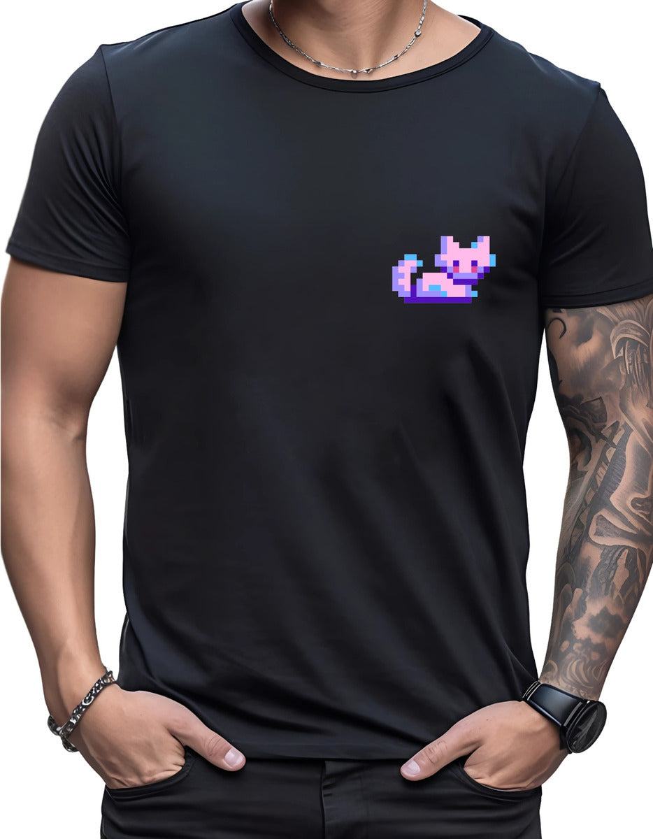 Playera Negra Moda Hombre Gato Pixel Art Arcade Vintage