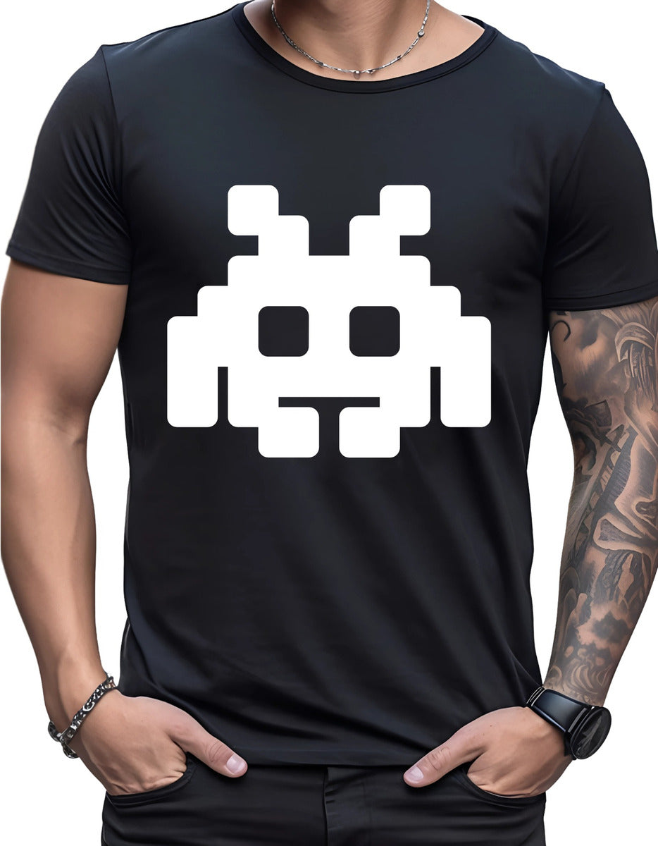 Men's Black and White T-Shirt – Minimalist Martian Pixel Art | Urban Minimalism