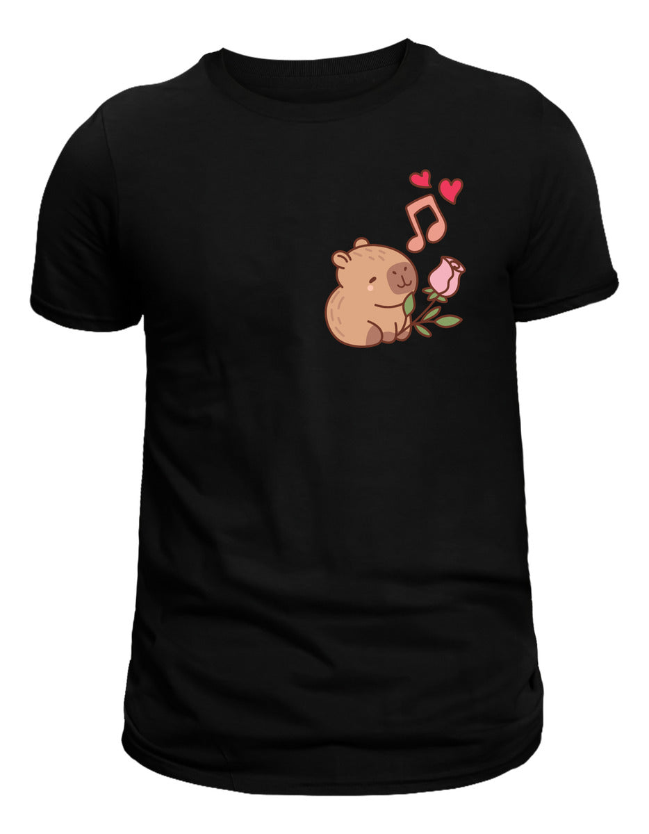 Men's Black T-Shirt – Capybara Singing with Hearts | Urban Minimalism