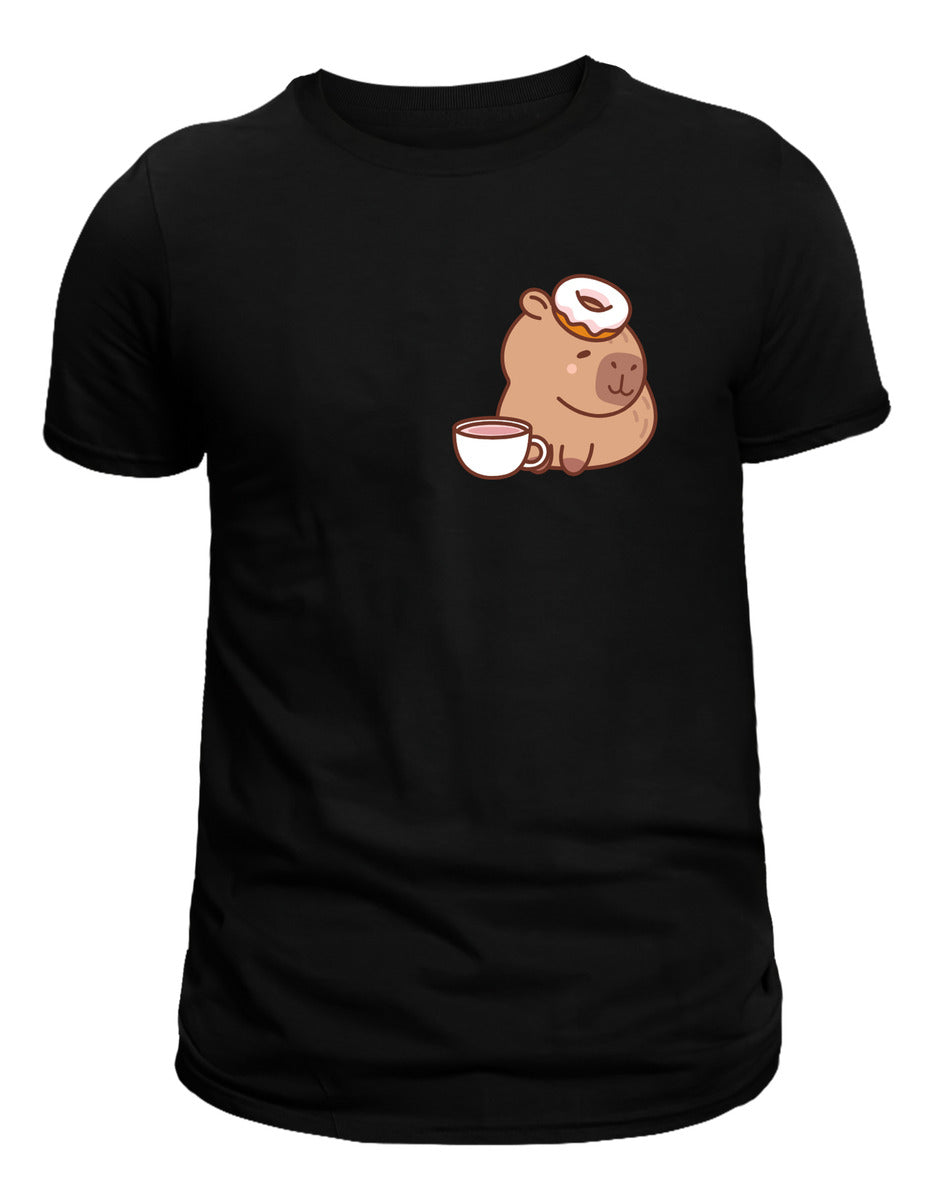 Men's Black T-Shirt – Capybara with Donut and Coffee | Urban Minimalism