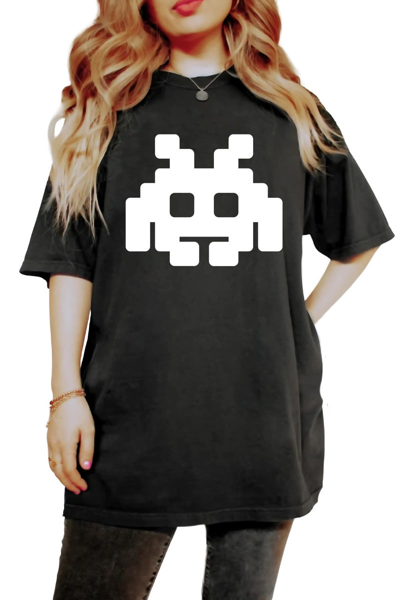 Women's Black and White T-Shirt – Minimalist Martian Pixel Art | Urban Minimalism