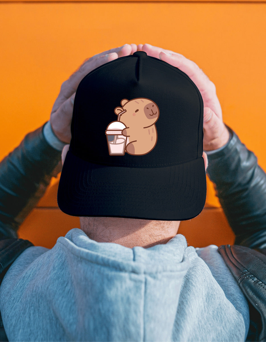 Black Baseball Cap – Capybara with Milkshake | Unisex Accessories