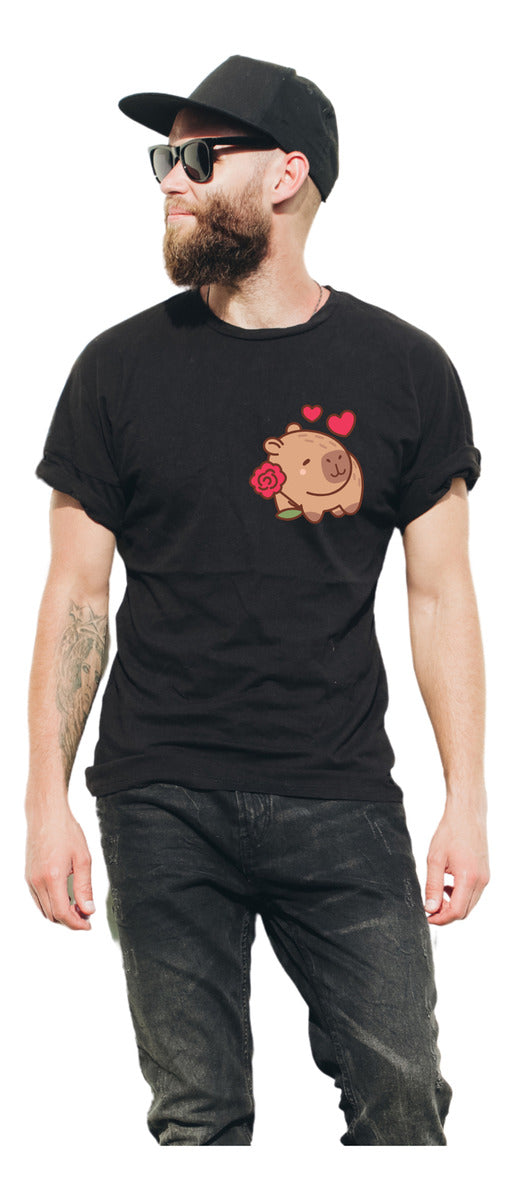 Men's Black T-Shirt – Capybara with Rose and Hearts | Urban Minimalism