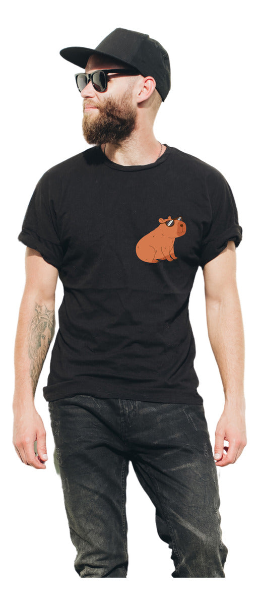 Men's Black T-Shirt – Capybara with Cool Glasses | Urban Minimalism