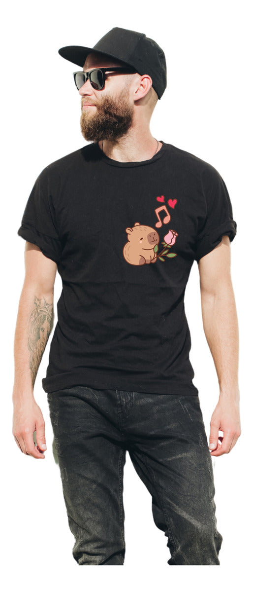 Men's Black T-Shirt – Capybara Singing with Hearts | Urban Minimalism