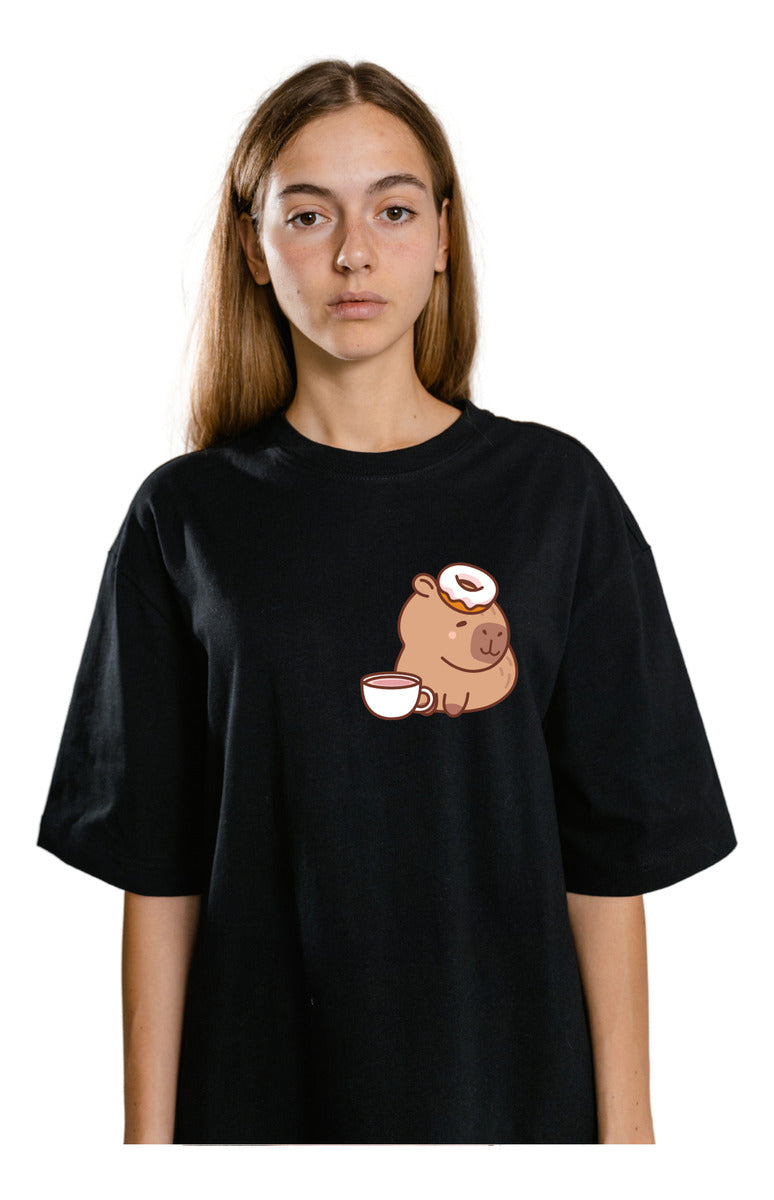 Men's Black T-Shirt – Capybara with Donut and Coffee | Urban Minimalism