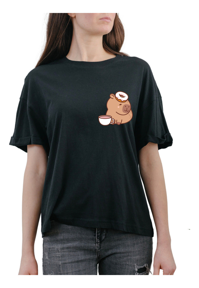 Men's Black T-Shirt – Capybara with Donut and Coffee | Urban Minimalism