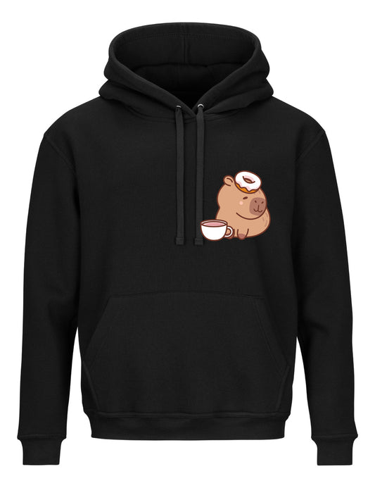 Sudadera Negra Casual Unisex Capibara Con Donas Y Café
