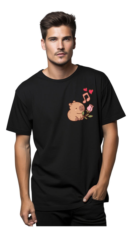 Men's Black T-Shirt – Capybara Singing with Hearts | Urban Minimalism