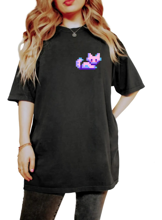 Women's Black T-Shirt – Arcade Style Pixel Art Cat | Urban Minimalism