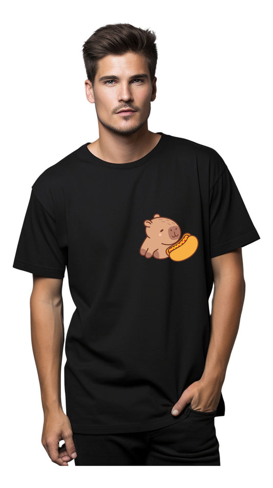 Men's Black T-Shirt – Funny Capybara with Hot Dog | Urban Minimalism