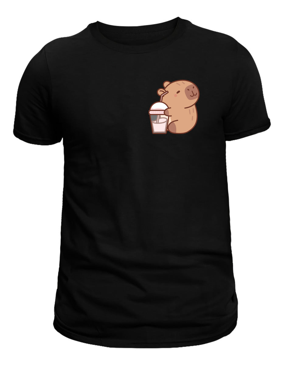 Men's Black T-Shirt – Capybara with Tender Milkshake | Urban Minimalism