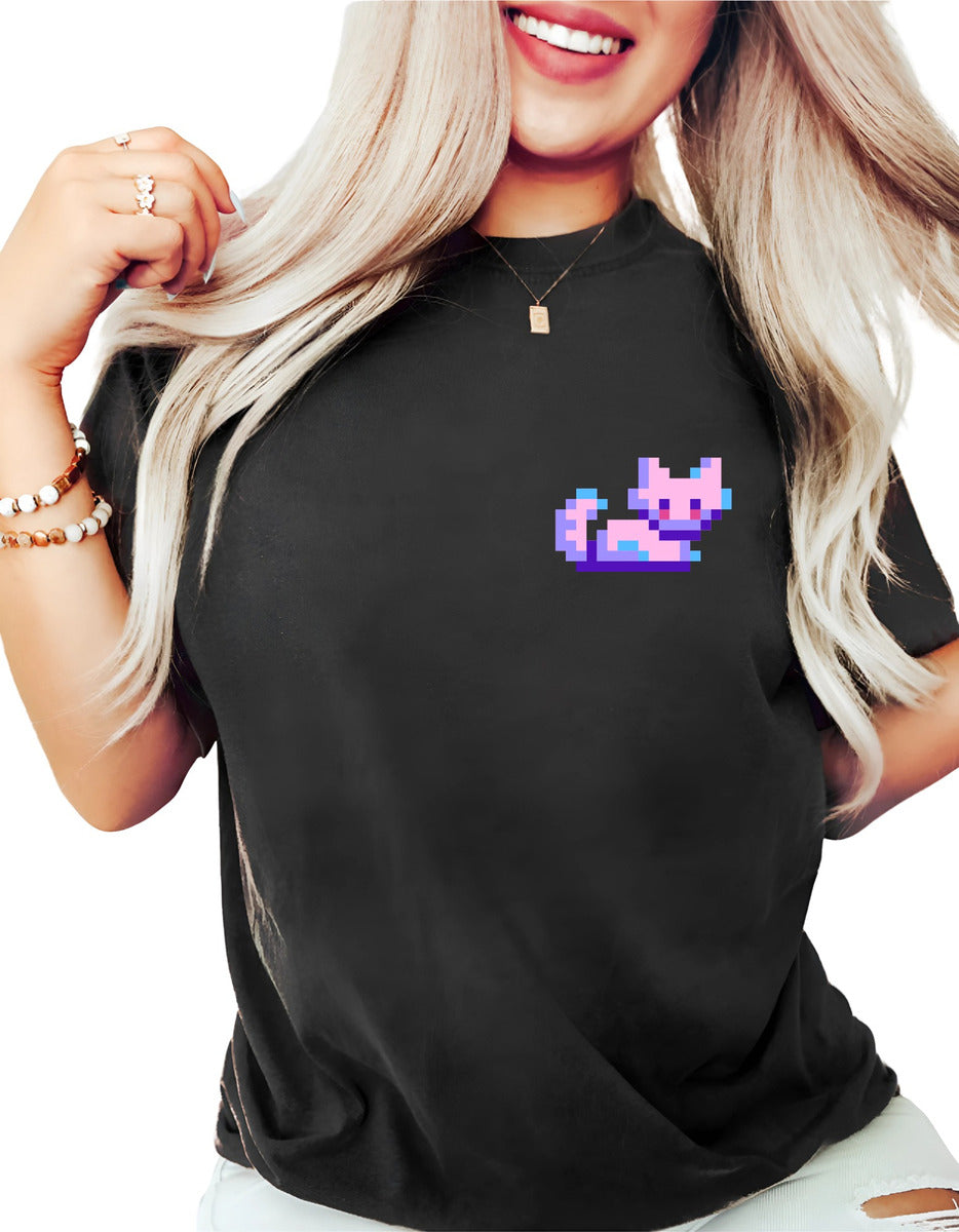 Women's Black T-Shirt – Arcade Style Pixel Art Cat | Urban Minimalism