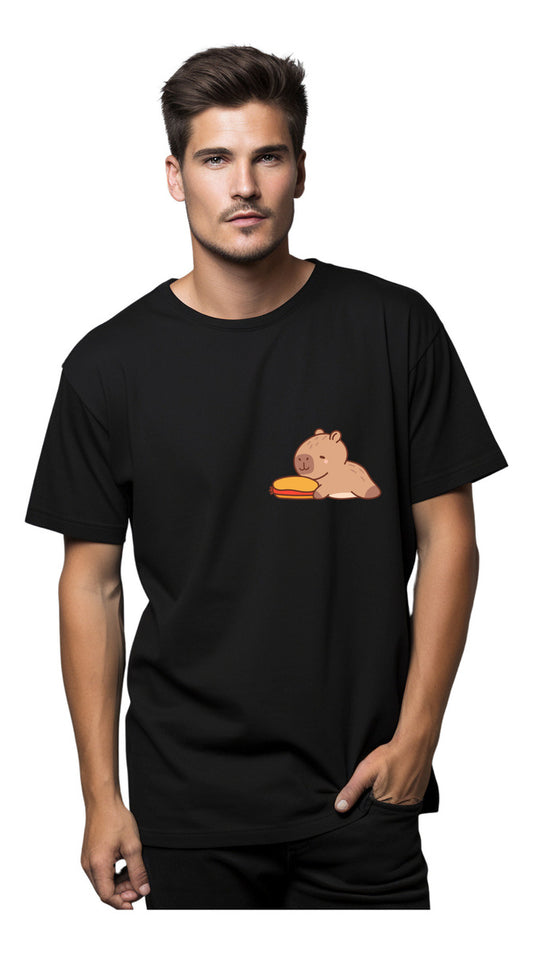 Men's Black T-Shirt – Funny Capybara with Hot Dog | Urban Minimalism
