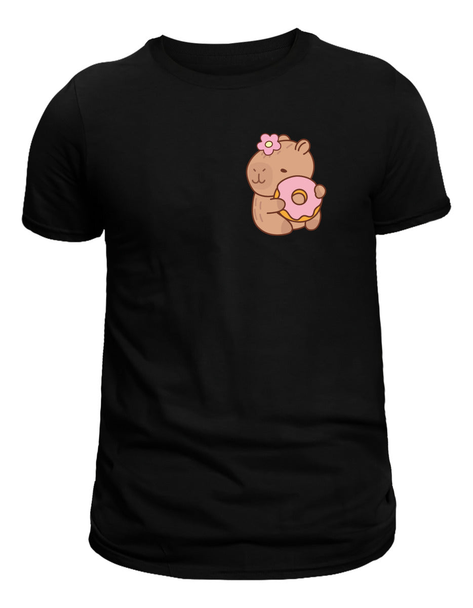 Women's Black T-Shirt – Funny Capybara with Donut | Urban Minimalism