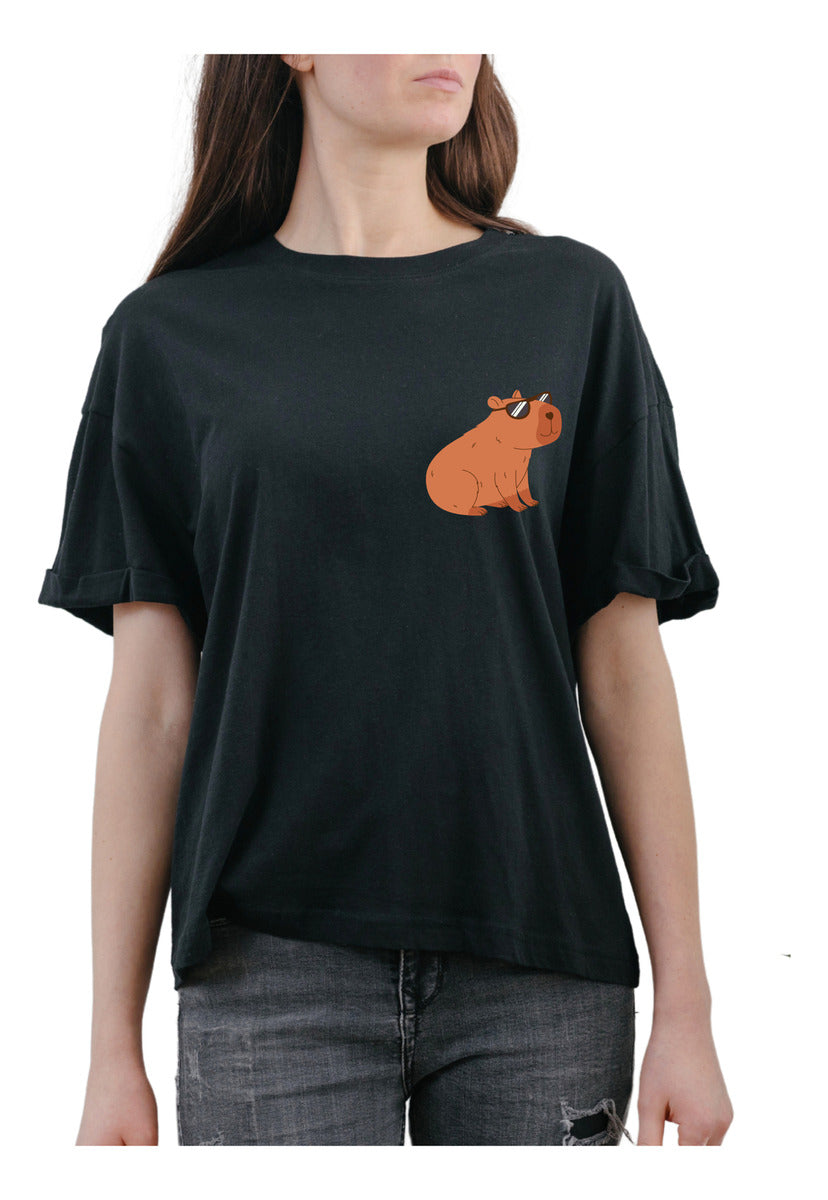 Women's Black T-Shirt – Capybara with Cool Glasses | Urban Minimalism