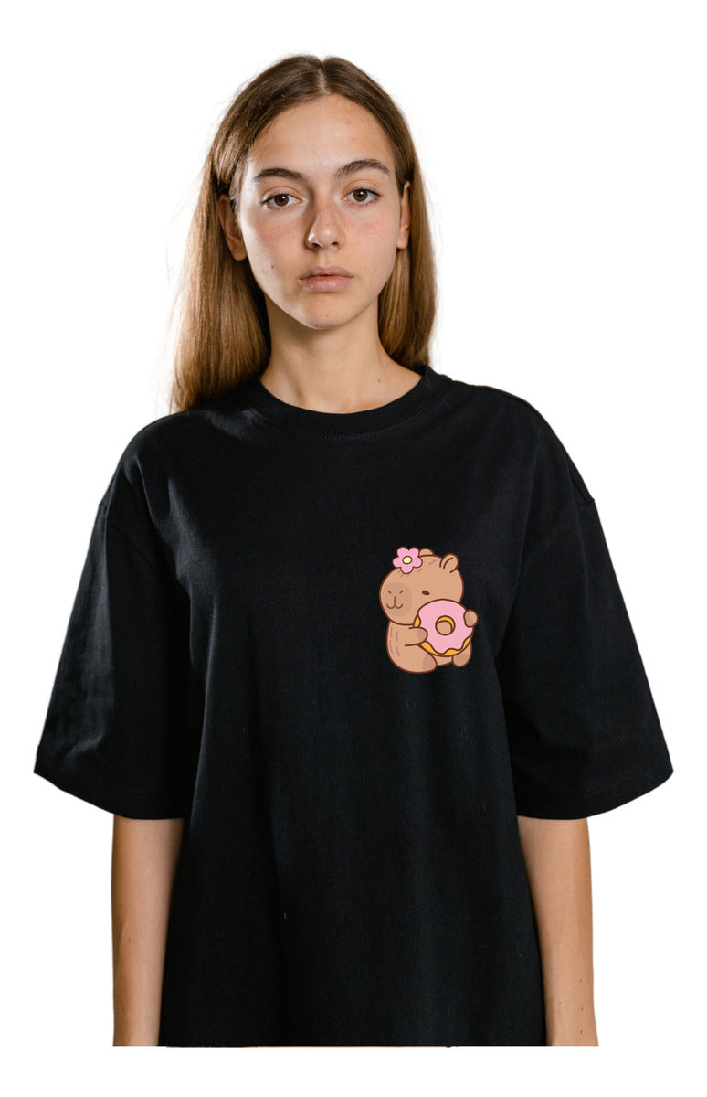 Women's Black T-Shirt – Funny Capybara with Donut | Urban Minimalism