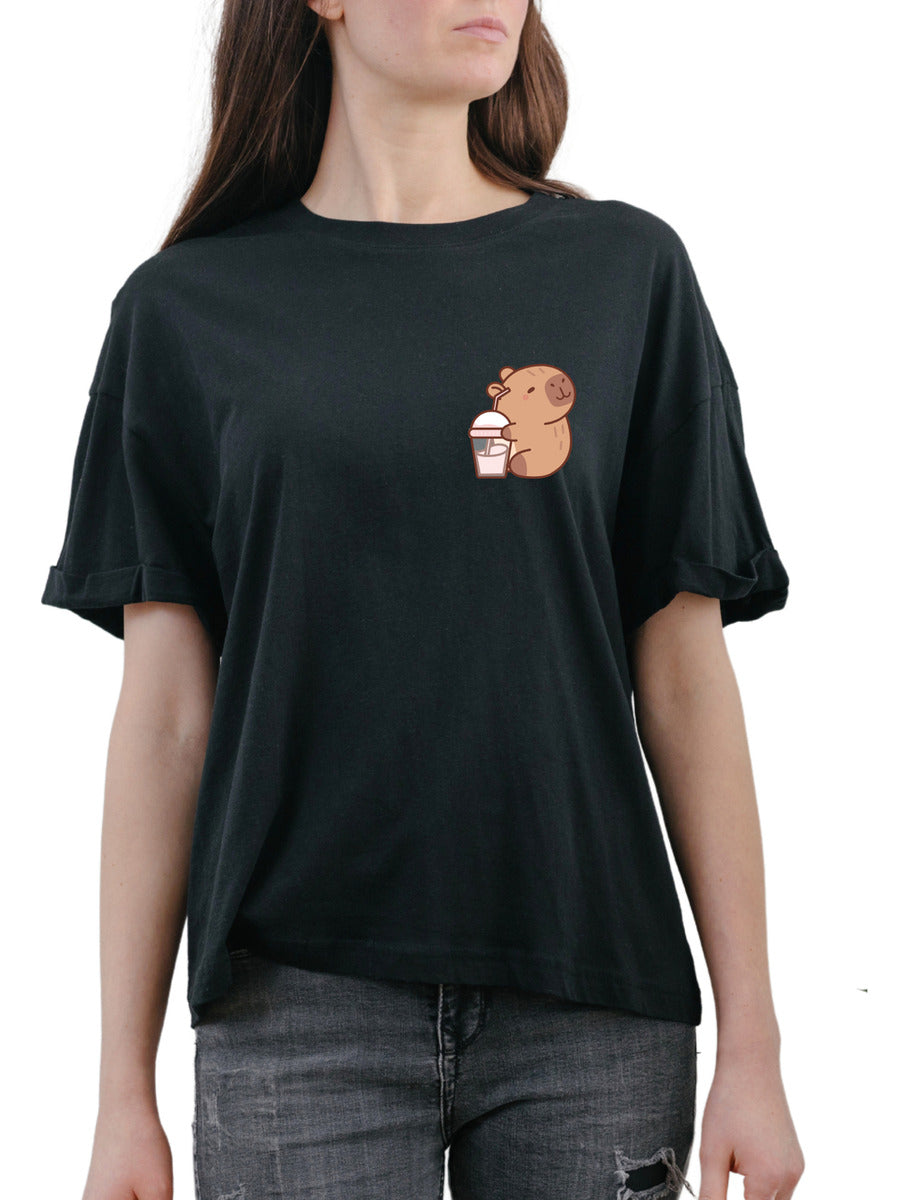 Women's Black T-Shirt – Capybara with Tender Milkshake | Urban Minimalism