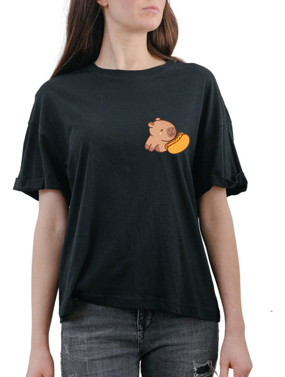 Women's Black T-Shirt – Funny Capybara with Hot Dog | Urban Minimalism