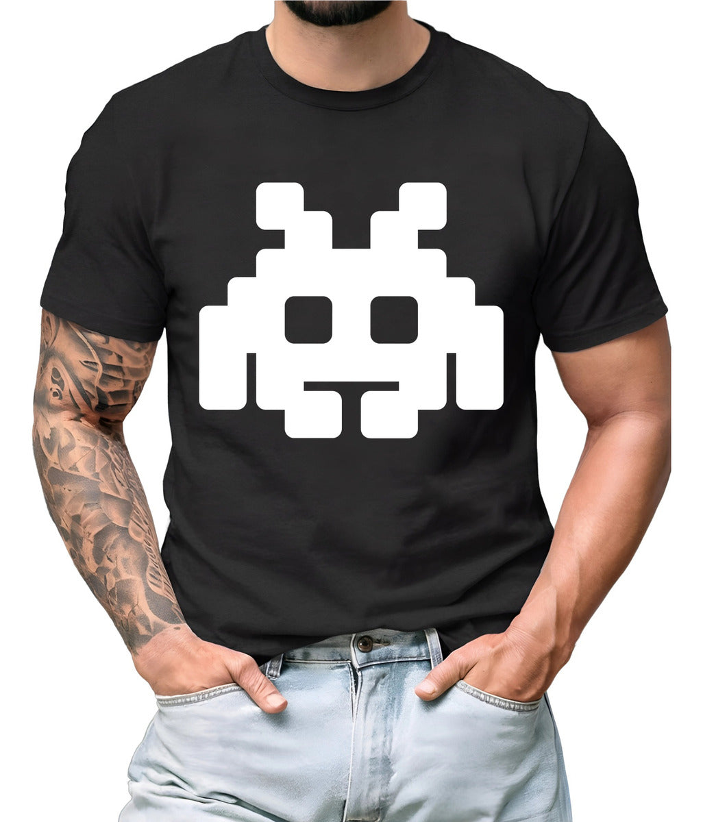 Men's Black and White T-Shirt – Minimalist Martian Pixel Art | Urban Minimalism