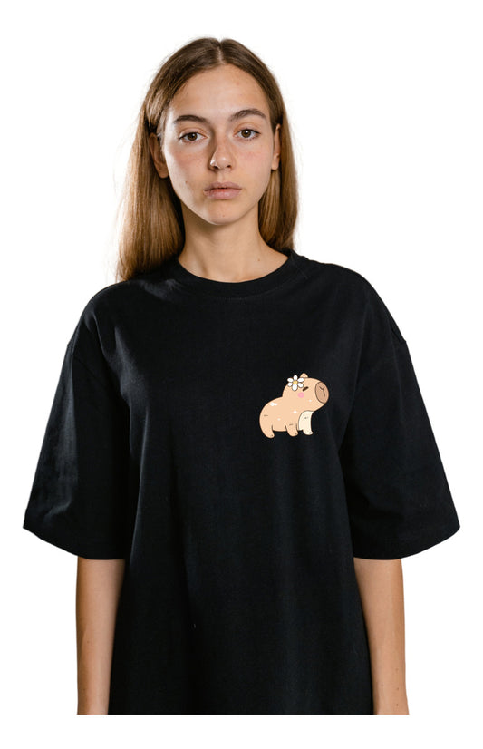 Women's Black T-Shirt – Capybara with Flower | Urban Minimalism