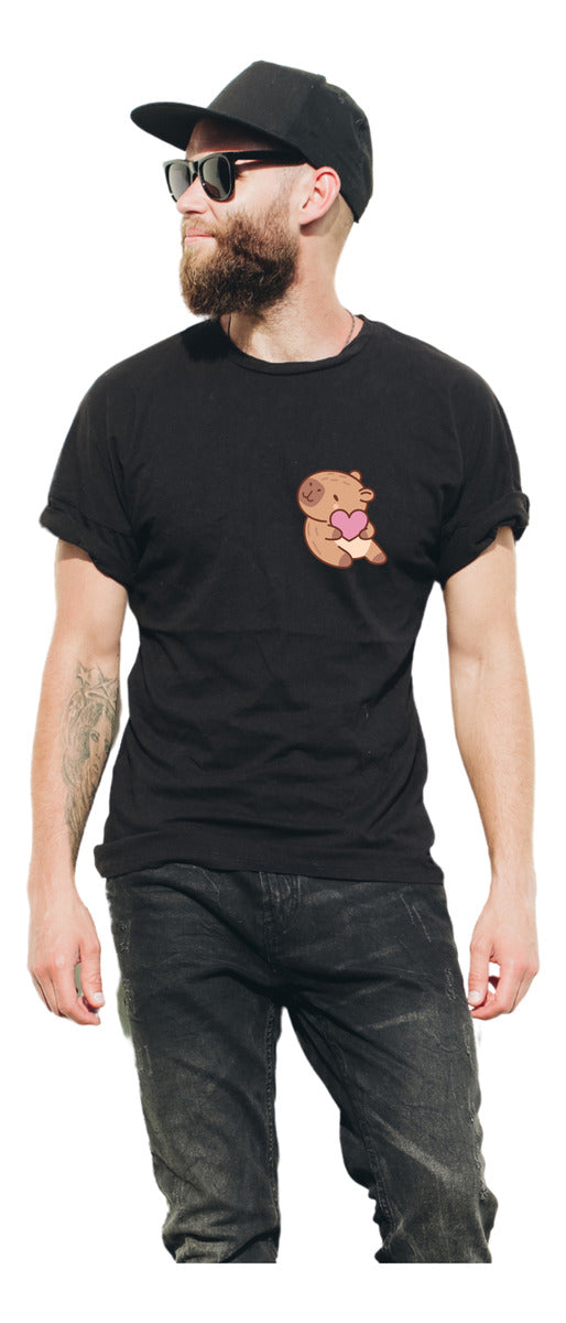 Men's Black T-Shirt – Capybara with Heart | Urban Minimalism