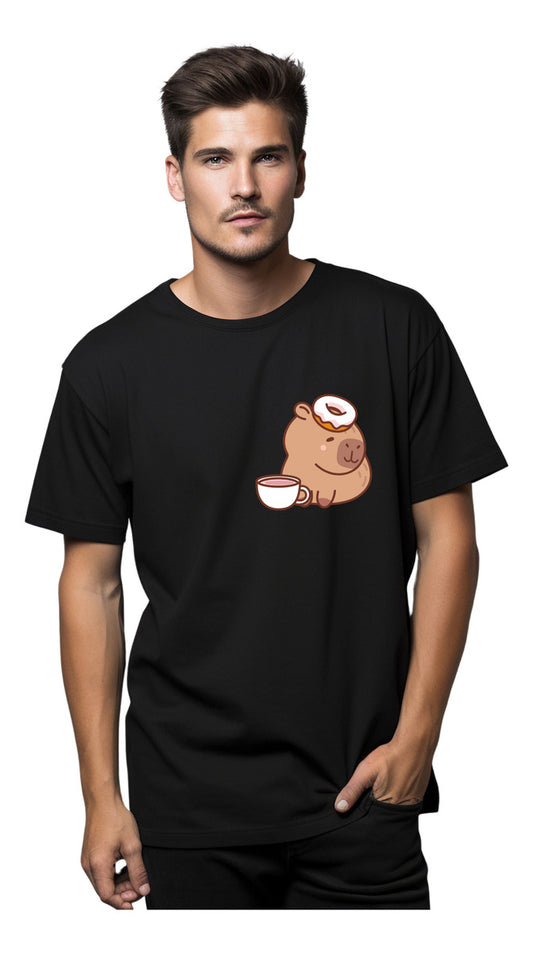 Men's Black T-Shirt – Capybara with Donut and Coffee | Urban Minimalism
