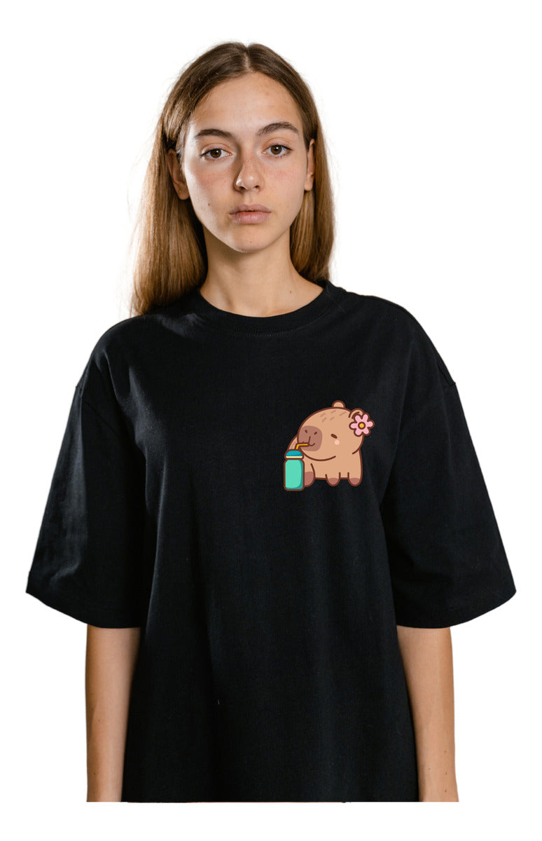 Women's Black T-Shirt – Capybara with Toy | Urban Modeling