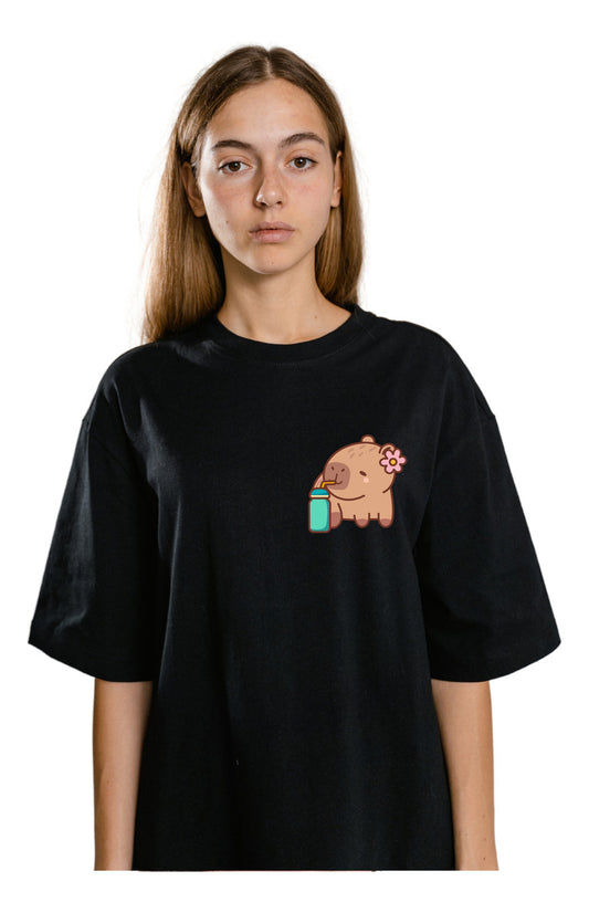 Women's Black T-Shirt – Capybara with Toy | Urban Modeling