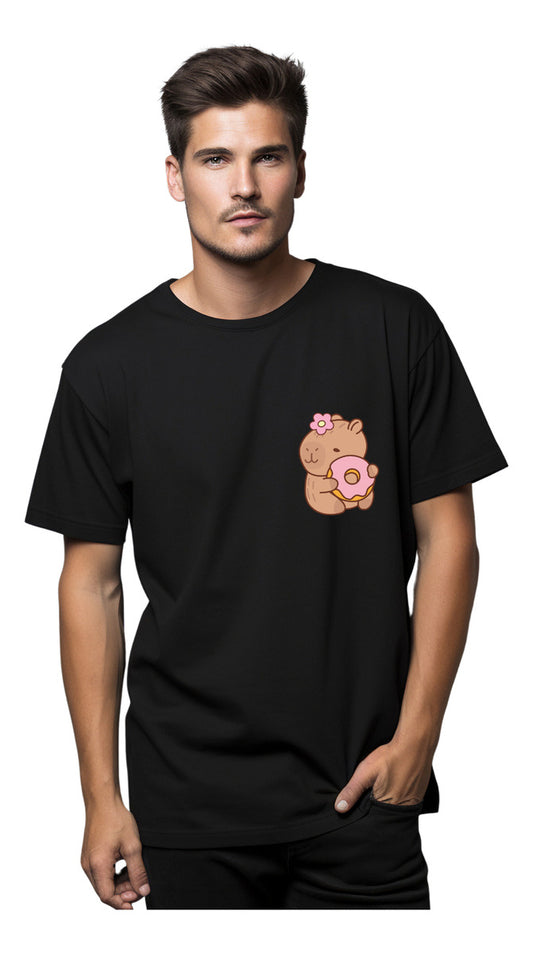 Men's Black T-Shirt – Funny Capybara with Donut | Urban Minimalism