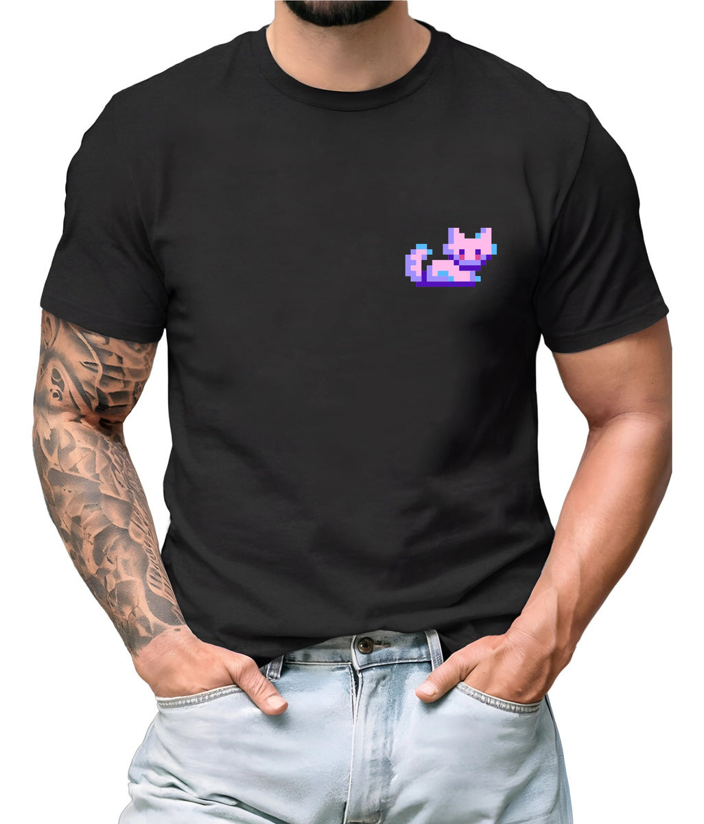 Playera Negra Moda Hombre Gato Pixel Art Arcade Vintage