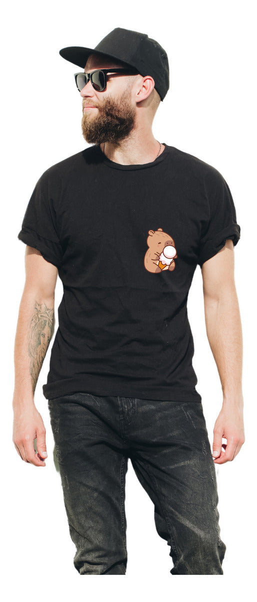 Men's Black T-Shirt – Capybara with Ice Cream | Fun Minimalist Design