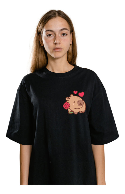 Women's Black T-Shirt – Capybara with Rose and Hearts | Urban Minimalism