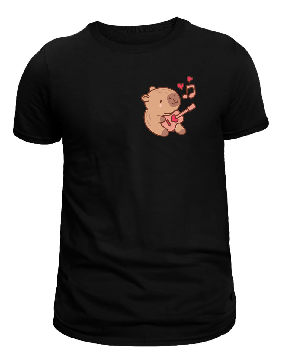 Women's Black T-shirt – Capybara Playing Guitar | Urban Minimalism