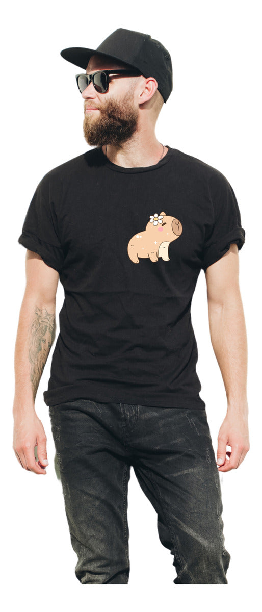 Men's Black T-Shirt – Capybara with Flower | Tender Minimalist Design | Urban Minimalism