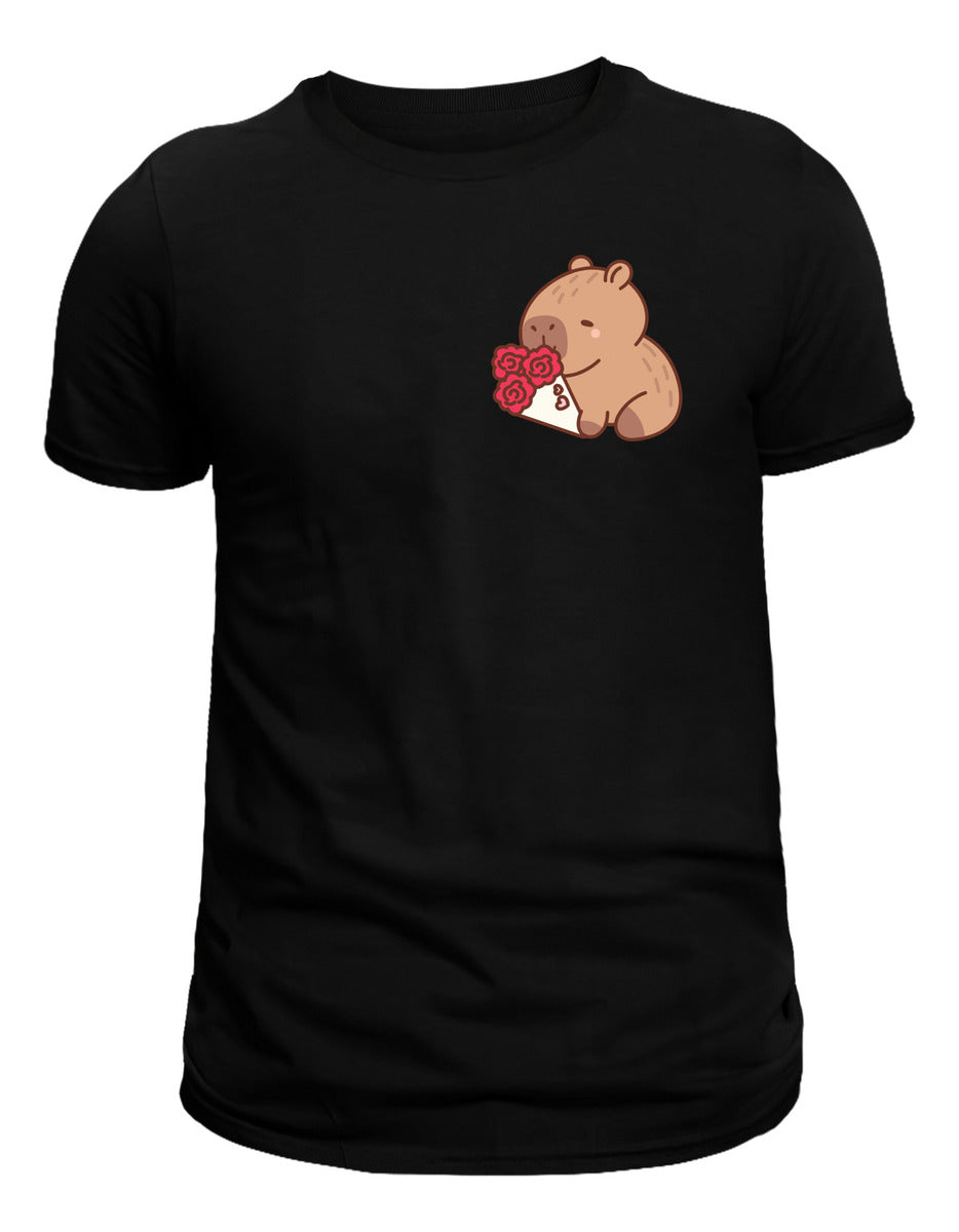 Men's Black T-Shirt – Capybara with a Bouquet of Roses | Urban Minimalism