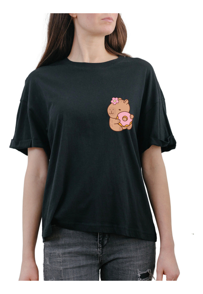 Women's Black T-Shirt – Funny Capybara with Donut | Urban Minimalism