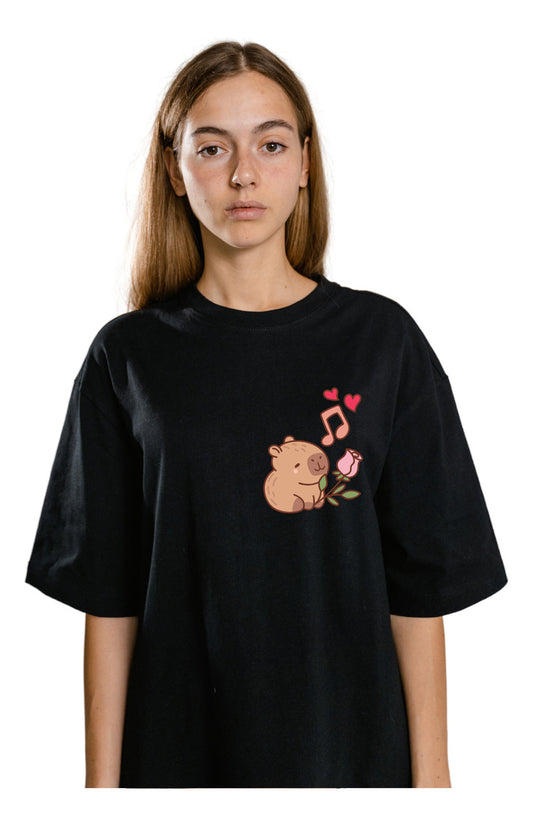 Women's Black T-Shirt – Capybara Singing with Hearts | Urban Minimalism