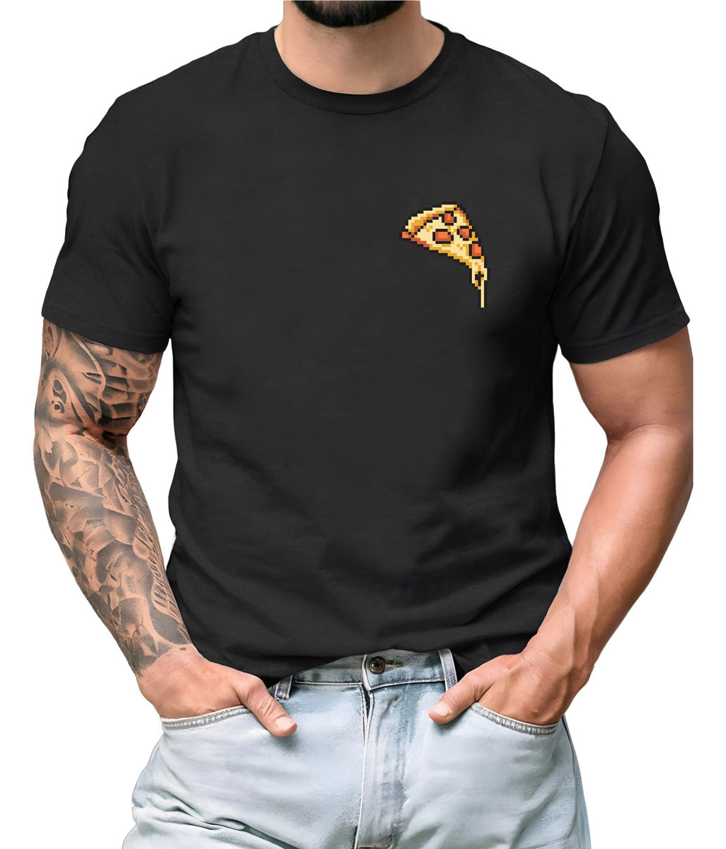 Men's Black T-Shirt – Retro Pizza Pixel Art Design | Urban Minimalism