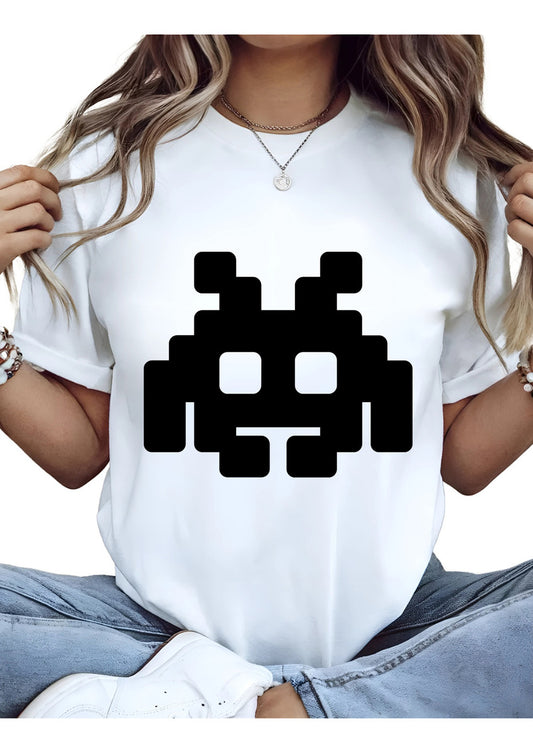 Women's Black and White T-Shirt – Minimalist Martian Pixel Art | Urban Minimalism