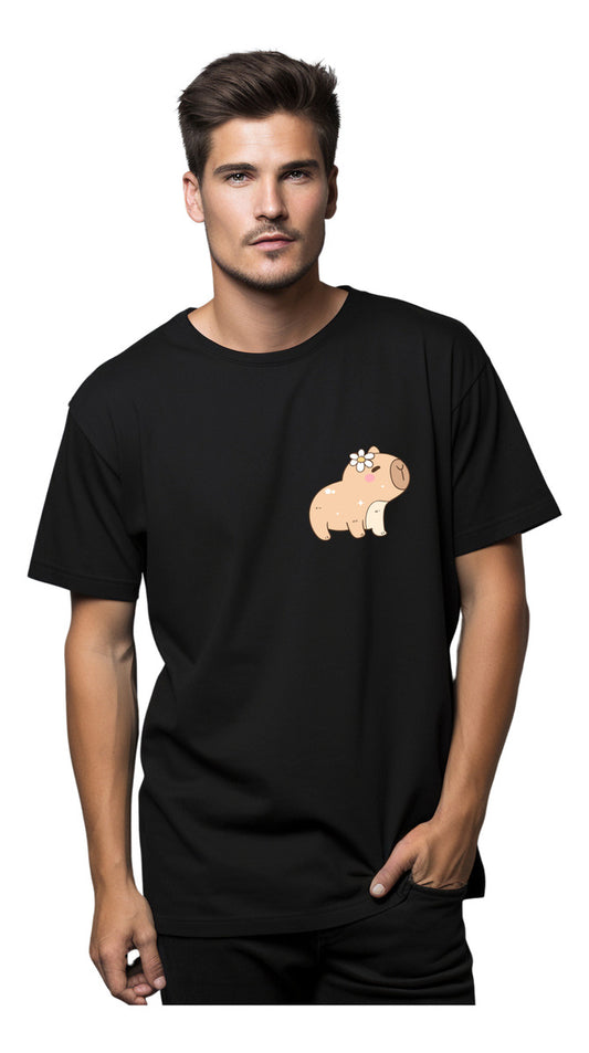 Men's Black T-Shirt – Capybara with Flower | Tender Minimalist Design | Urban Minimalism
