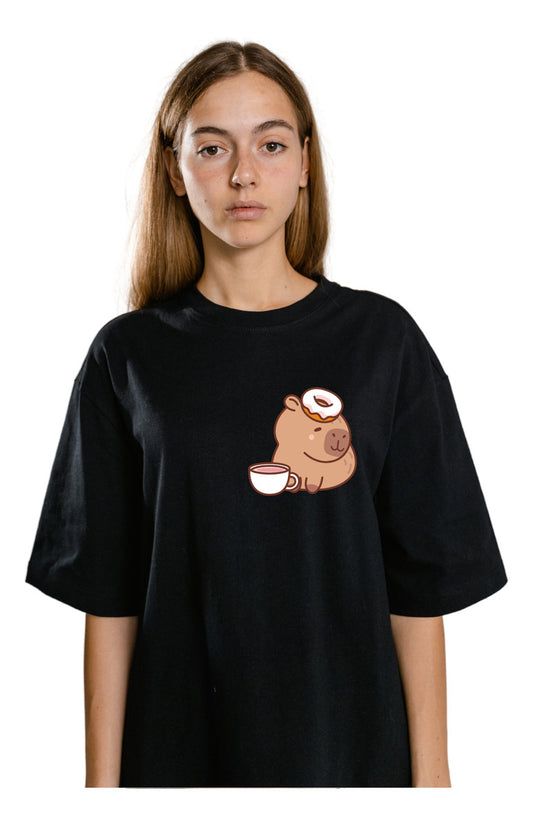 Men's Black T-Shirt – Capybara with Donut and Coffee | Urban Minimalism