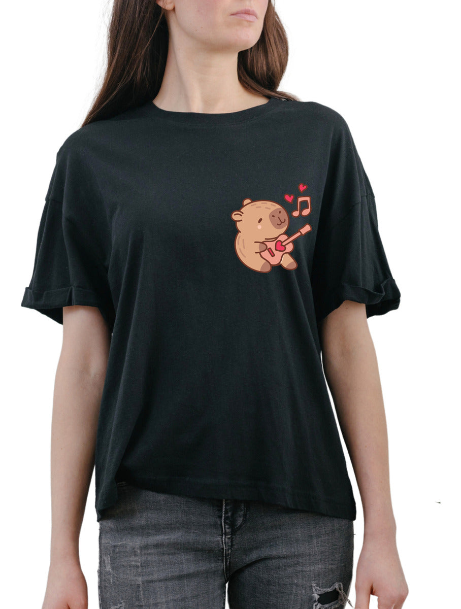 Women's Black T-shirt – Capybara Playing Guitar | Urban Minimalism