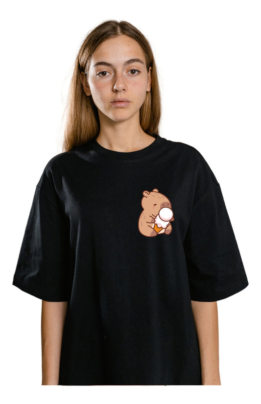 Women's Black T-Shirt – Capybara with Ice Cream | Fun Minimalist Design