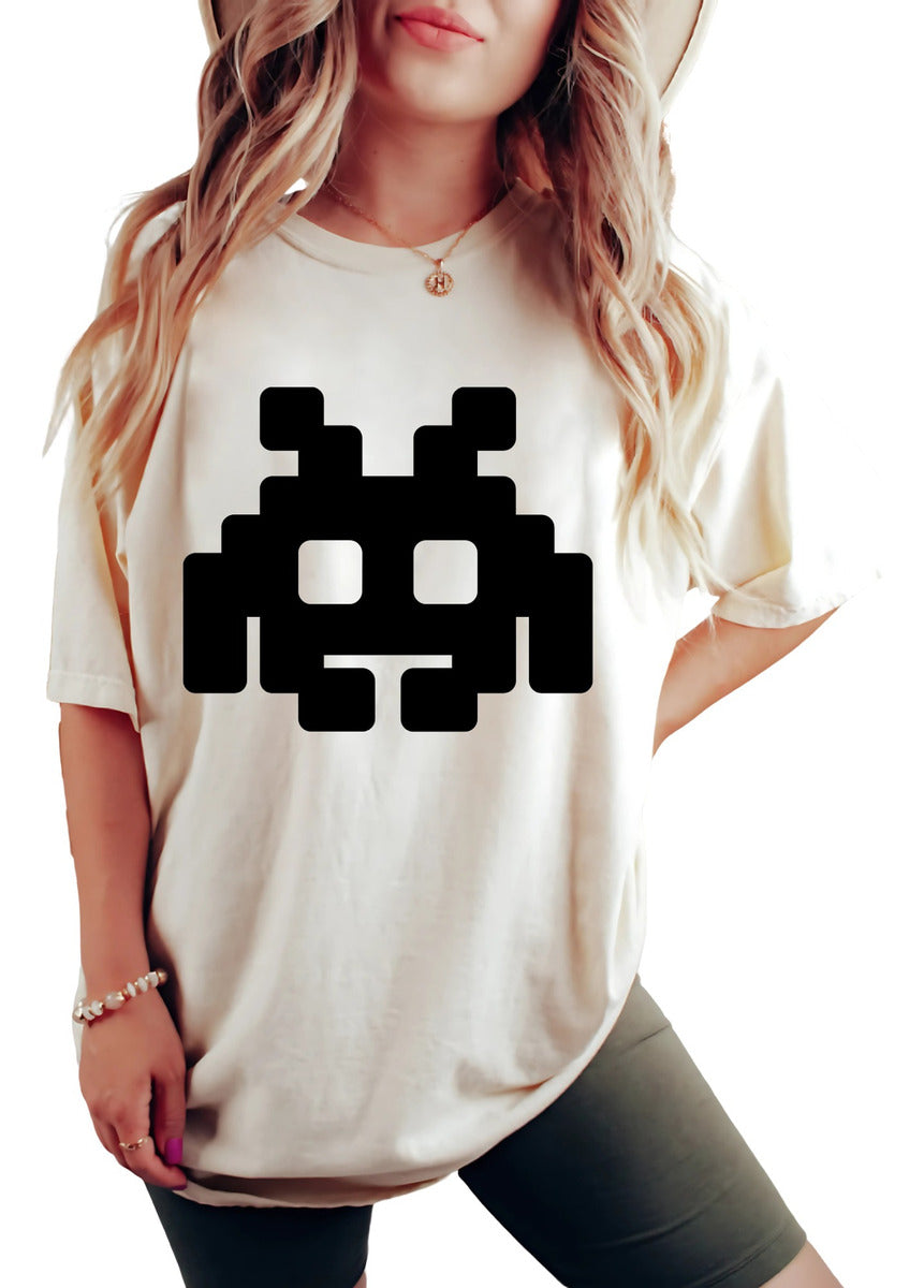 Women's Black and White T-Shirt – Minimalist Martian Pixel Art | Urban Minimalism
